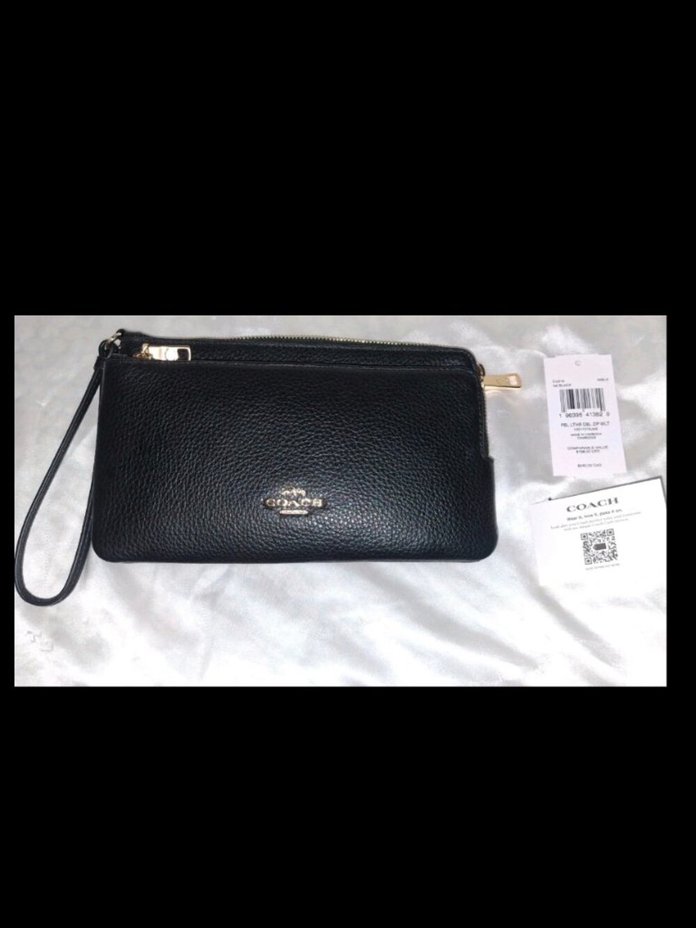 Coach Double Zip Wallet Wristlet Black Pebble Leather Gold Tone CU919 NWT
